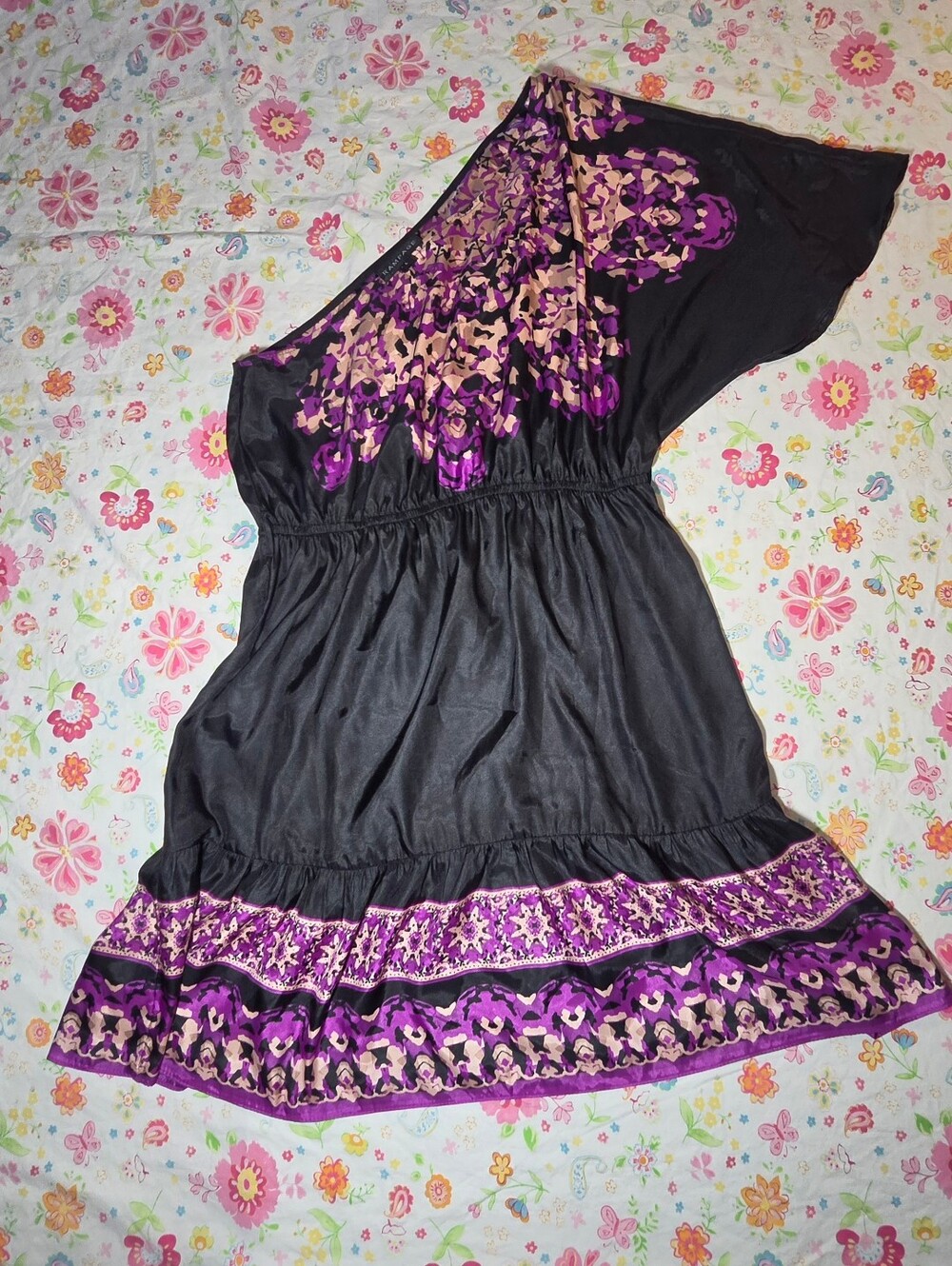 Y2k one shoulder dress with purple floral embroidery and purple patterned hem